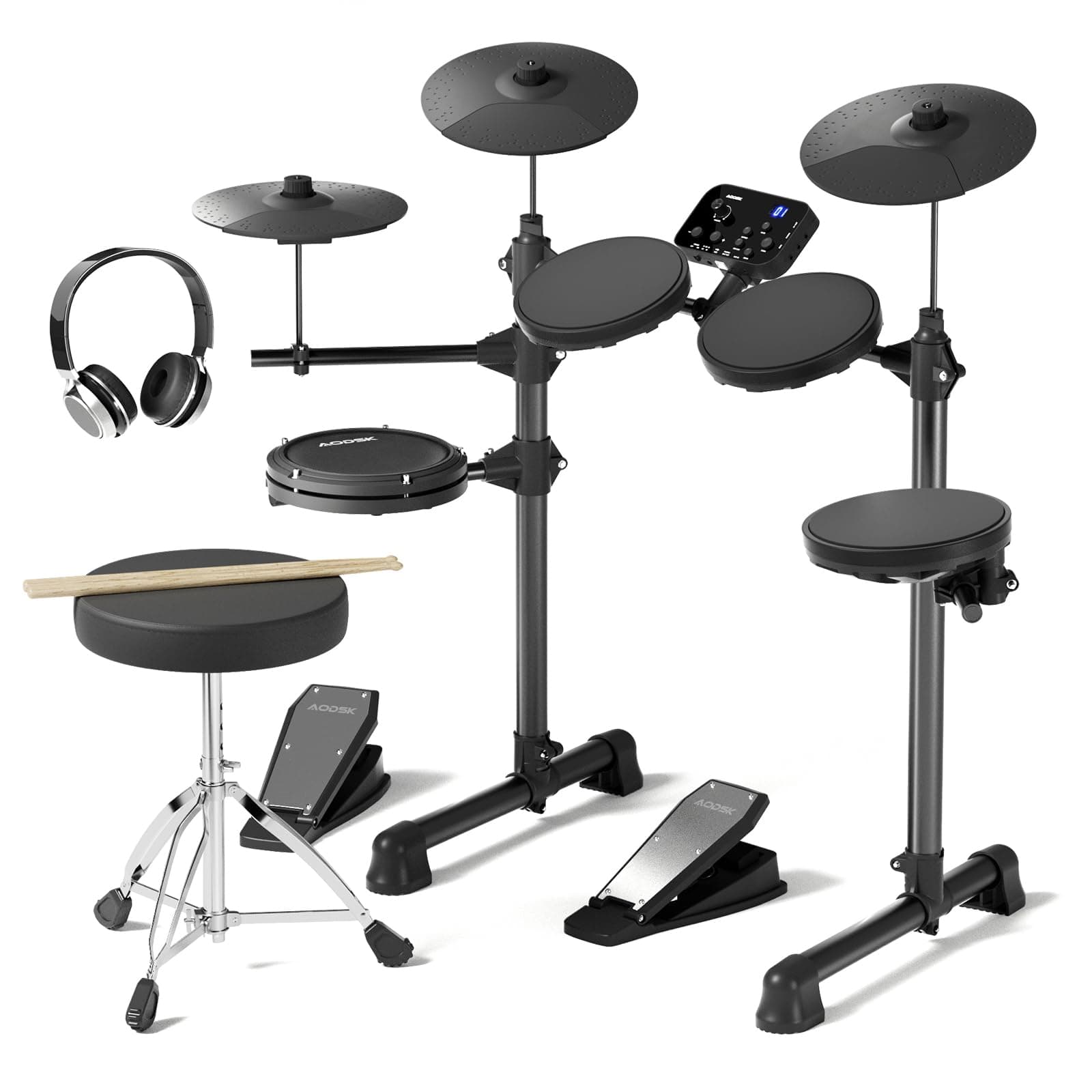 AODSK Electric Drum Set for Beginner with 150 Sounds,4 Quiet Drum Pads,2 Pedal,Throne,Sticks,Electronic Drum with Headphone,AED-400