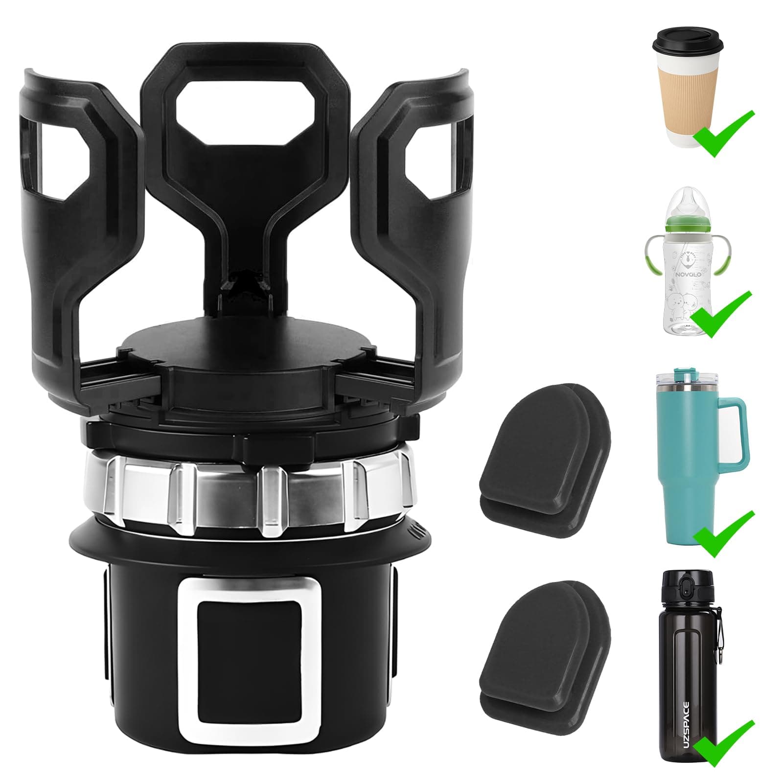 Cup Holder Expander for Car, Car Drinks Holder with 2 Small Black Adhesive Hooks, Versatile Round Cup Holder for Most Cups, Water Bottles, Fits Diameters from 6.5 to 9.5 cm(Black)