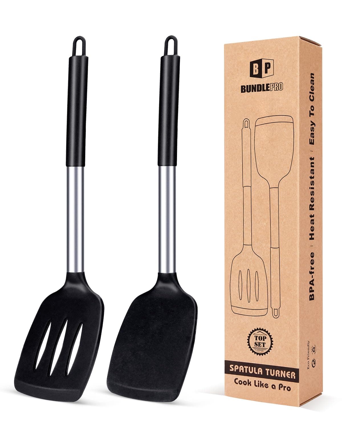 BUNDLEPRO 2 Pack Silicone Spatula, Heavy Duty Non-Stick Slotted Heat Resistant BPA Free Ideal Cookware for Fish, Eggs, Pancakes, Black