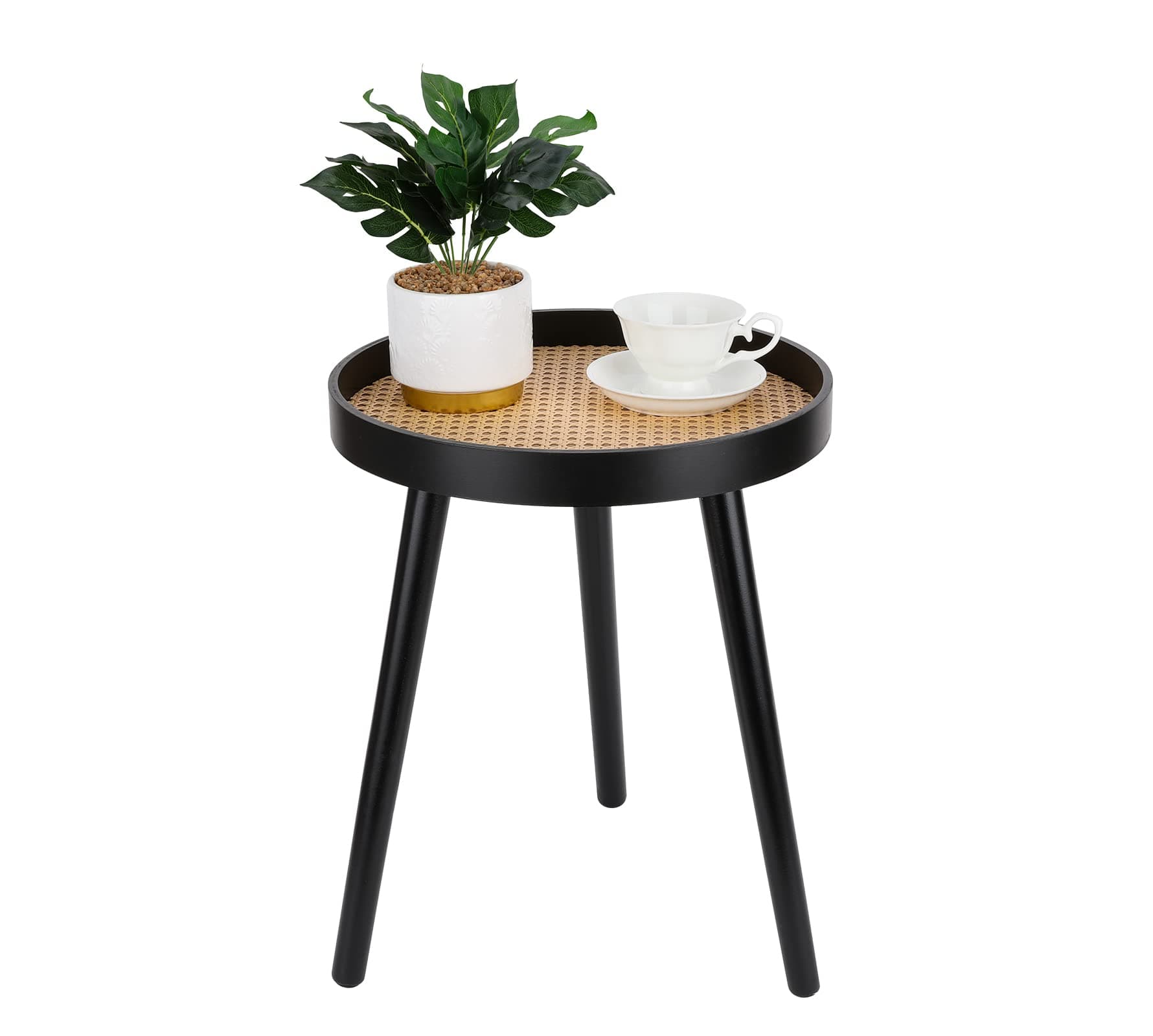 ZYBT Rattan Round Side Table, Black Small End Table, Accent Table, Modern Boho Bedside Table, Mid-Century Patio Side Table, End Tables for Living Room Bedroom Office Balcony