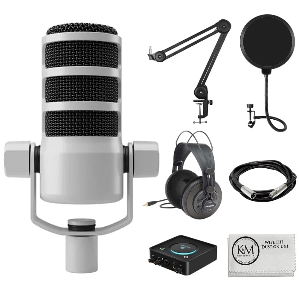 Rode PodMic Dynamic Podcasting Microphone | White Bundle with Studio Headphones + XLR Cable + Pop Filter + Icon Pro Audio USolo Recording Interface + Mic Arm + Cleaning Cloth (7 Items)