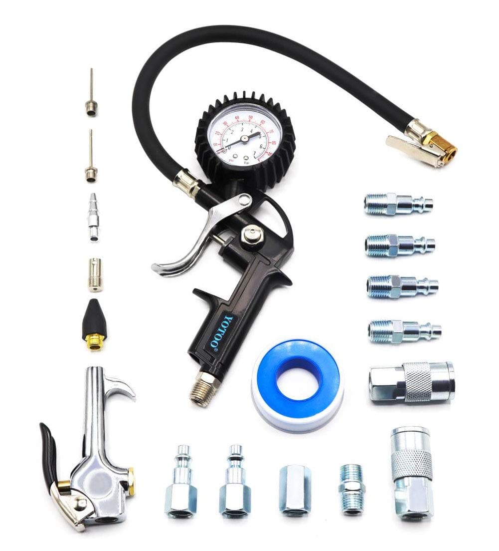 Heavy Duty Air Compressor Accessory Kit 18-Piece, 1/4" NPT Air Tool Kit with 100 PSI Tire Inflator Gauge, Heavy Duty Air Blow Gun and Air Hose Fittings