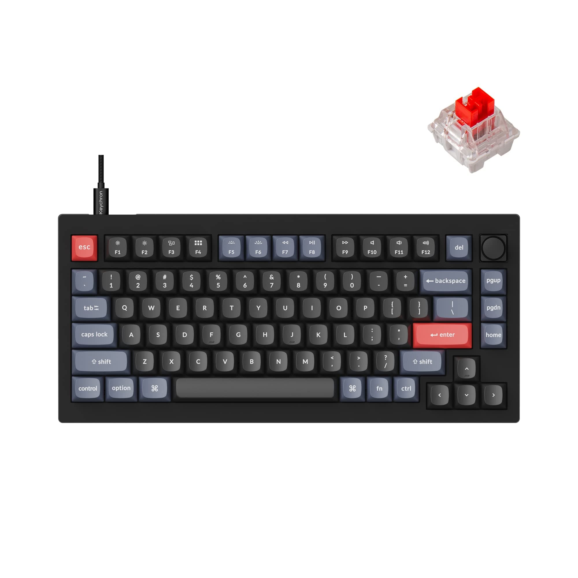 V1 75% Wired Mechanical Keyboard, QMK/VIA Programmable, Hot-swappable Red Switches, Compatible with Mac Windows Linux - Carbon Black