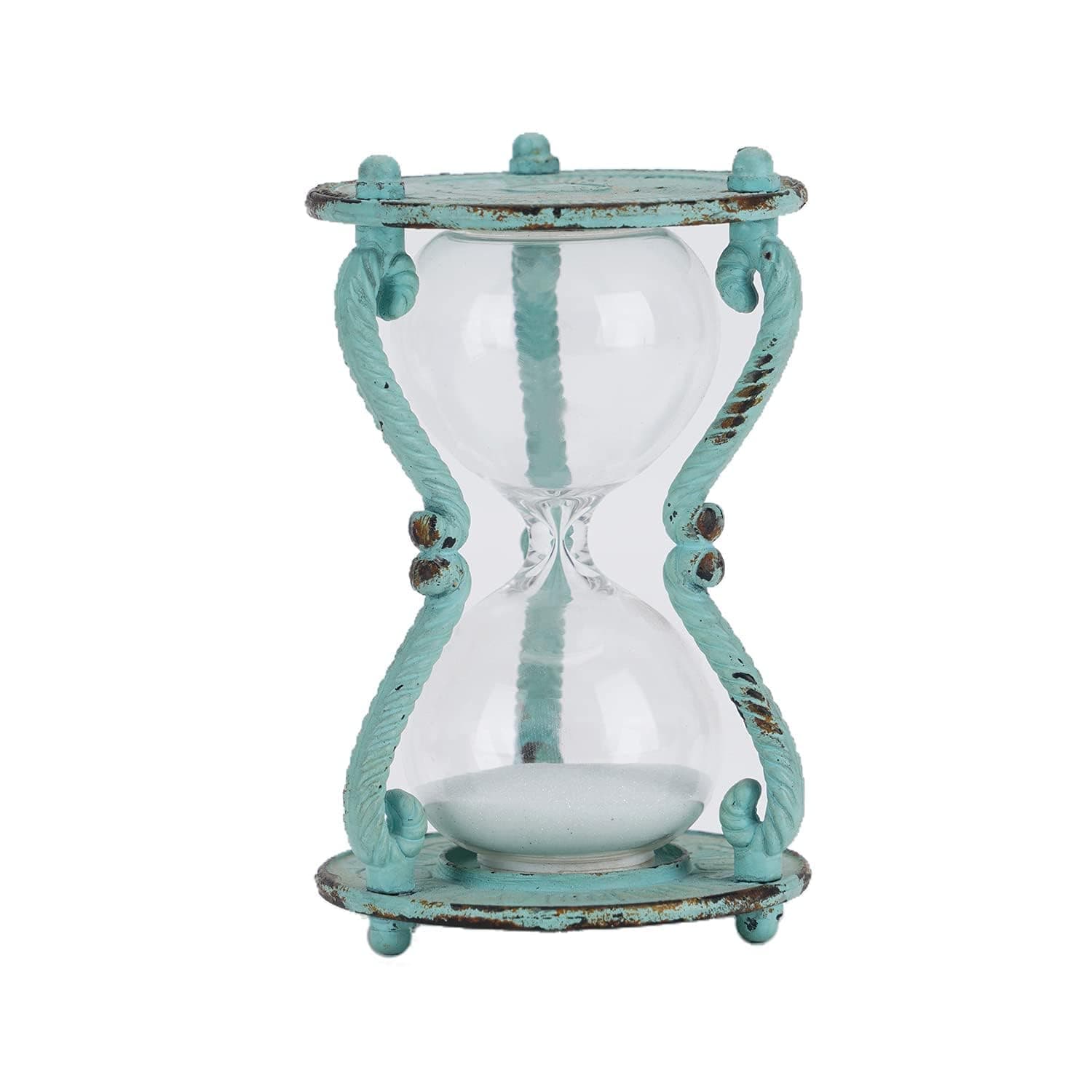 SOFFEE DESIGN Rustic 5-Minute Hourglass Sand Timer, Vintage Distressed Sand Clock, Iron Rustic Sand Watch with White Sand, Antique Sandglass for Home, Kitchen, Office Decor, Turquoise