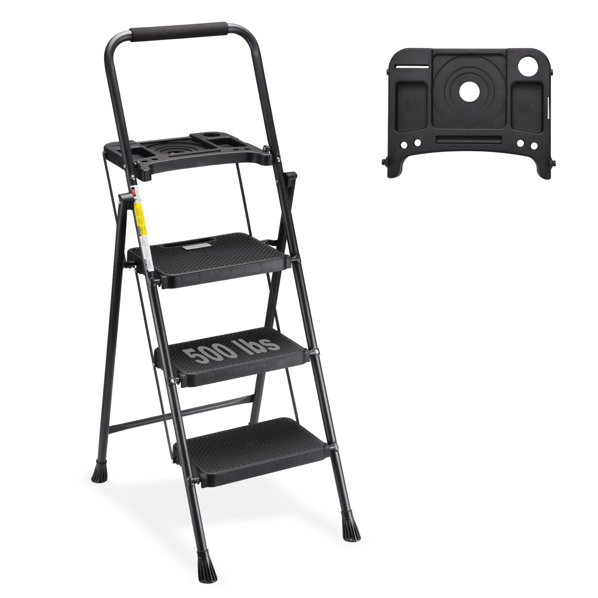3 Step Ladder with Tool Tray, Folding Step Stool with Wide Non-Slip Pedal and Comfort Handgrip for Household and Office, Lightweight 500lbs Capacity Step Ladder, Black