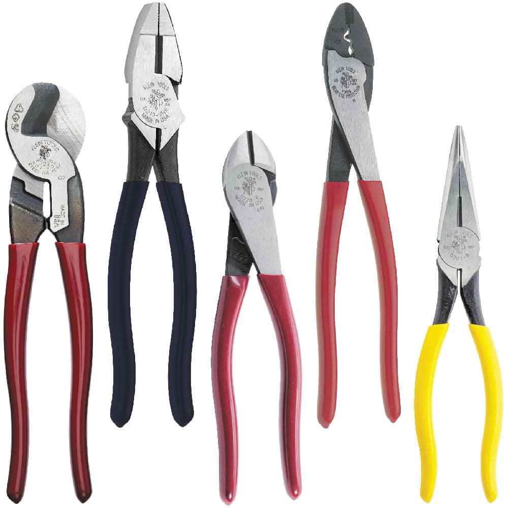Klein Tools Dipped Plier Kit, Diagonal Cutting, Needle Nose, Side-Cutting High Leverage Linesman Pliers, Cutter and Crimper, 5-Piece