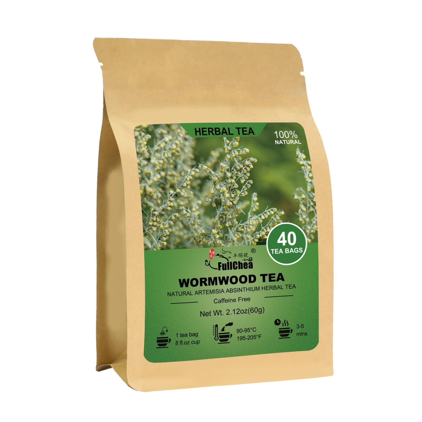 Fullchea - Wormwood Tea Bags, 40 Teabags - Bitter Herbal Tea - Pure Wormwood - Non-GMO - Caffeine-Free - Support Digestion & Well-being