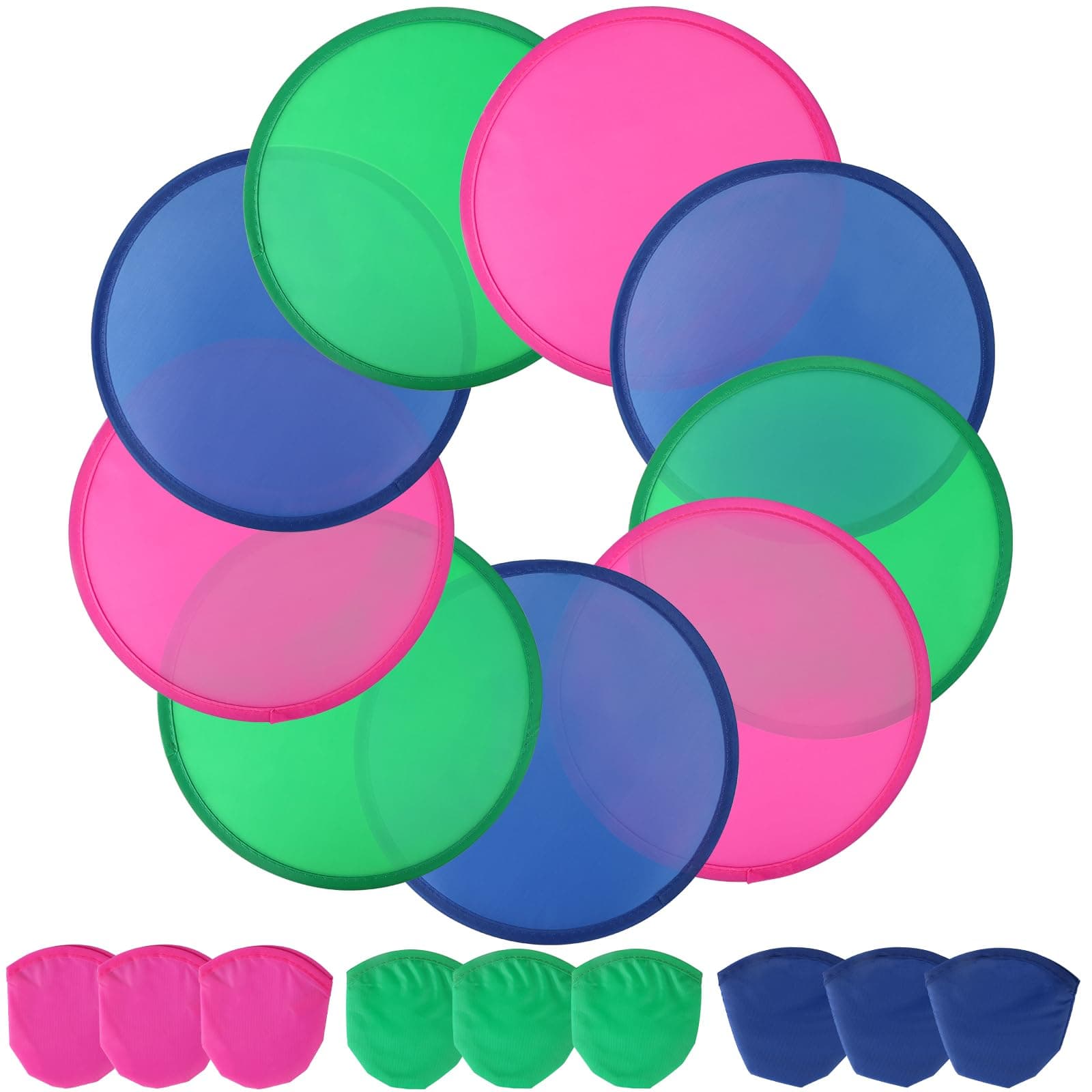 9 Pieces Foldable Flying Disc or Fan with Storage Bag Assortment Fans Set Beach Flying Disc- 9.8" Foldable Flying Disc, 3 Colors