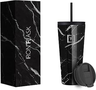 IRON °FLASK Classic Tumbler 2.0-2 Lids (Straw Flip), Vacuum Insulated Stainless Steel Water Bottle, Double Walled, Drinking cup, Thermos Travel Mug - Black Marquina, 32 Oz