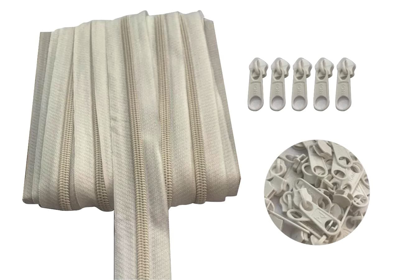 SoftSwiss Zipper Roll # 5, 5 Meter (White), with 25 Zip Puller (Kunda) for Tailoring/Stitching/Sewing/Craft/Fashion Designing (5 Meter, White)