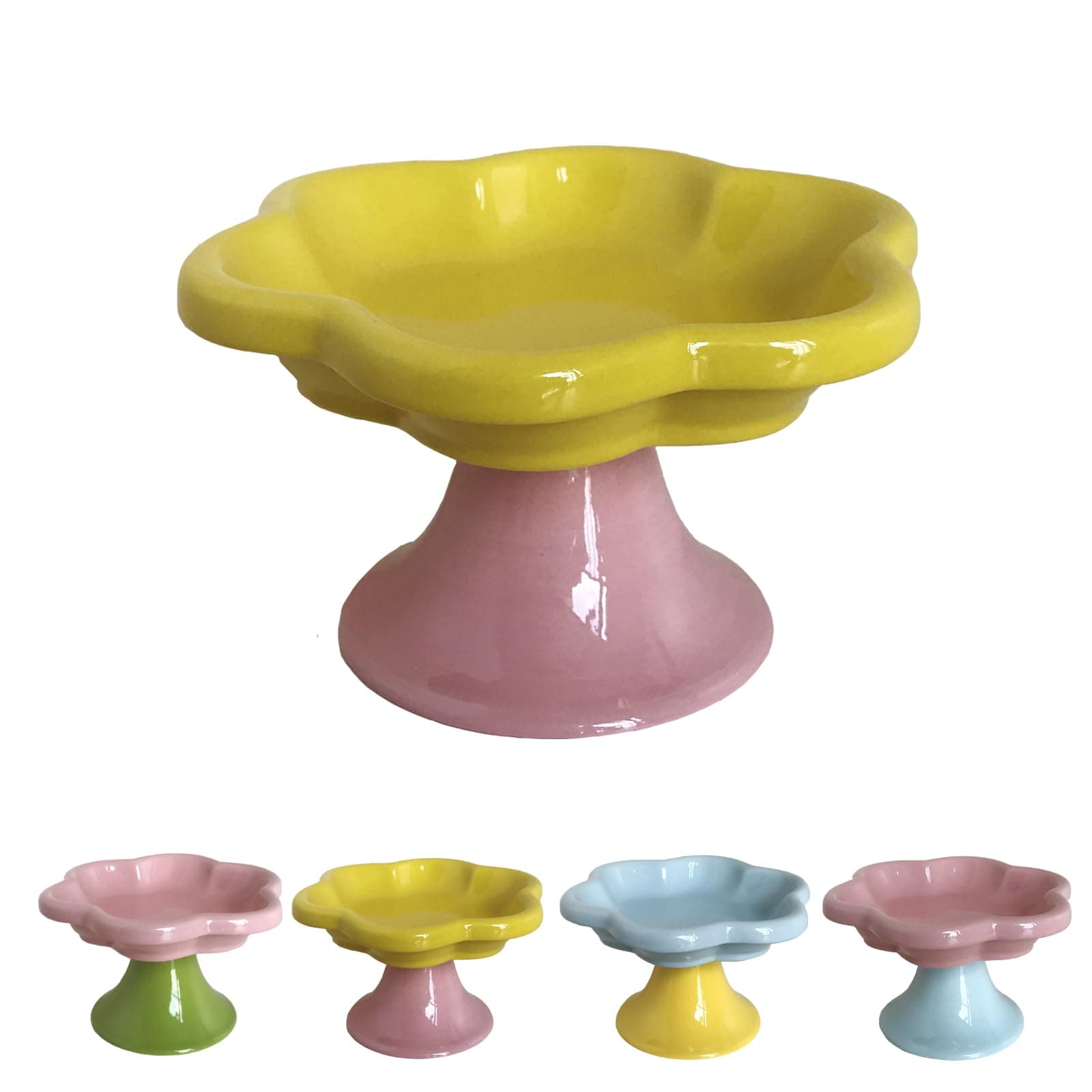 Ceramic Elevated Cat Bowls Flower Dish,Small Raised Dish.Flower Ceramic Raised Bowls for Cats and Small Dogs reducing pet’s Neck Bending and Pressure （Yellow Pink）