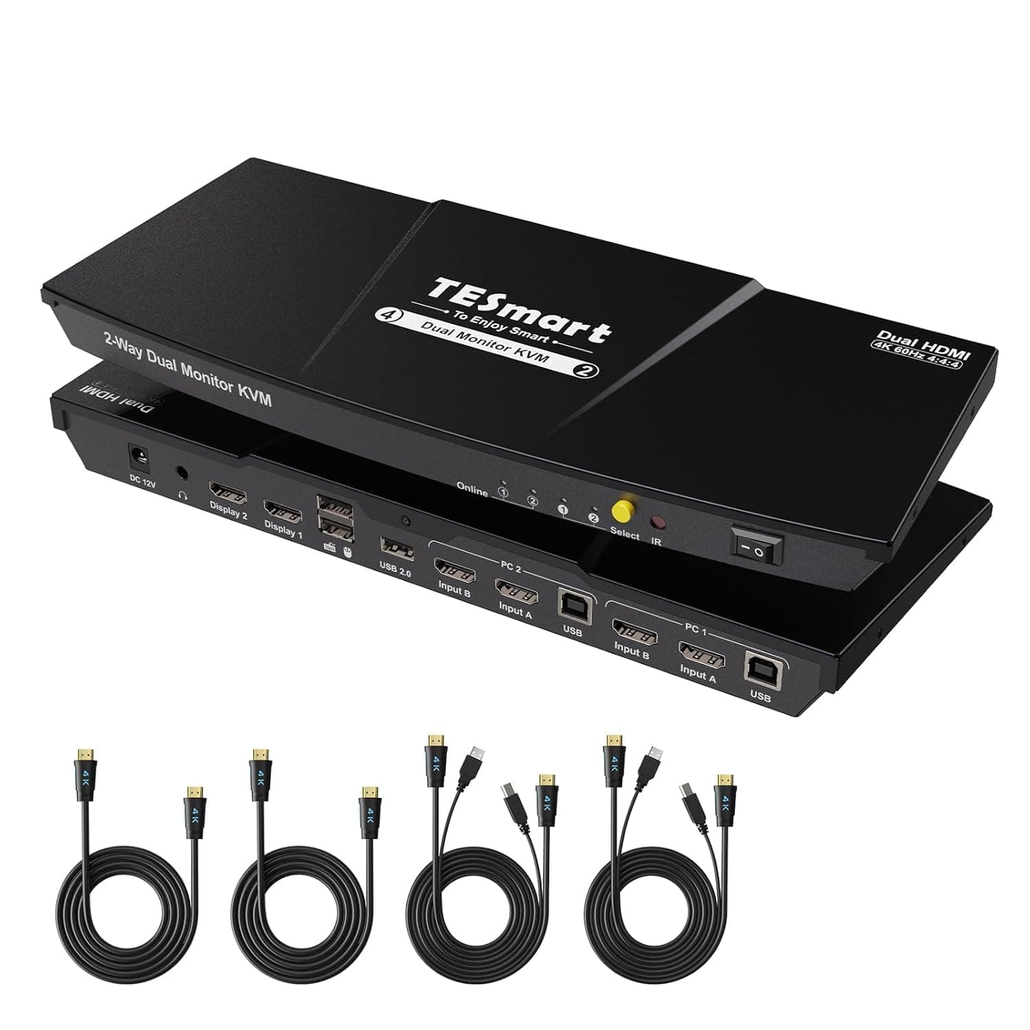 HDMI KVM Switch 2 Monitors 2 Computers 4K@60Hz, USB 2.0, Dual Monitor KVM Switch HDMI 2 Port Extended Display, EDID emulators, L/R Audio, Hotkey Switch, Button Switch with All Input Cables