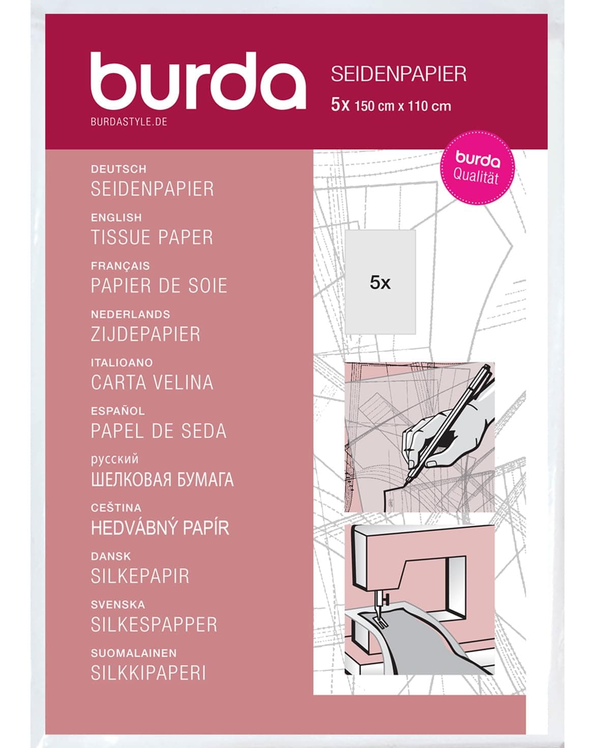 Burda Dressmakers Plain Tissue Paper, 5 Sheets, 150cm x 110cm