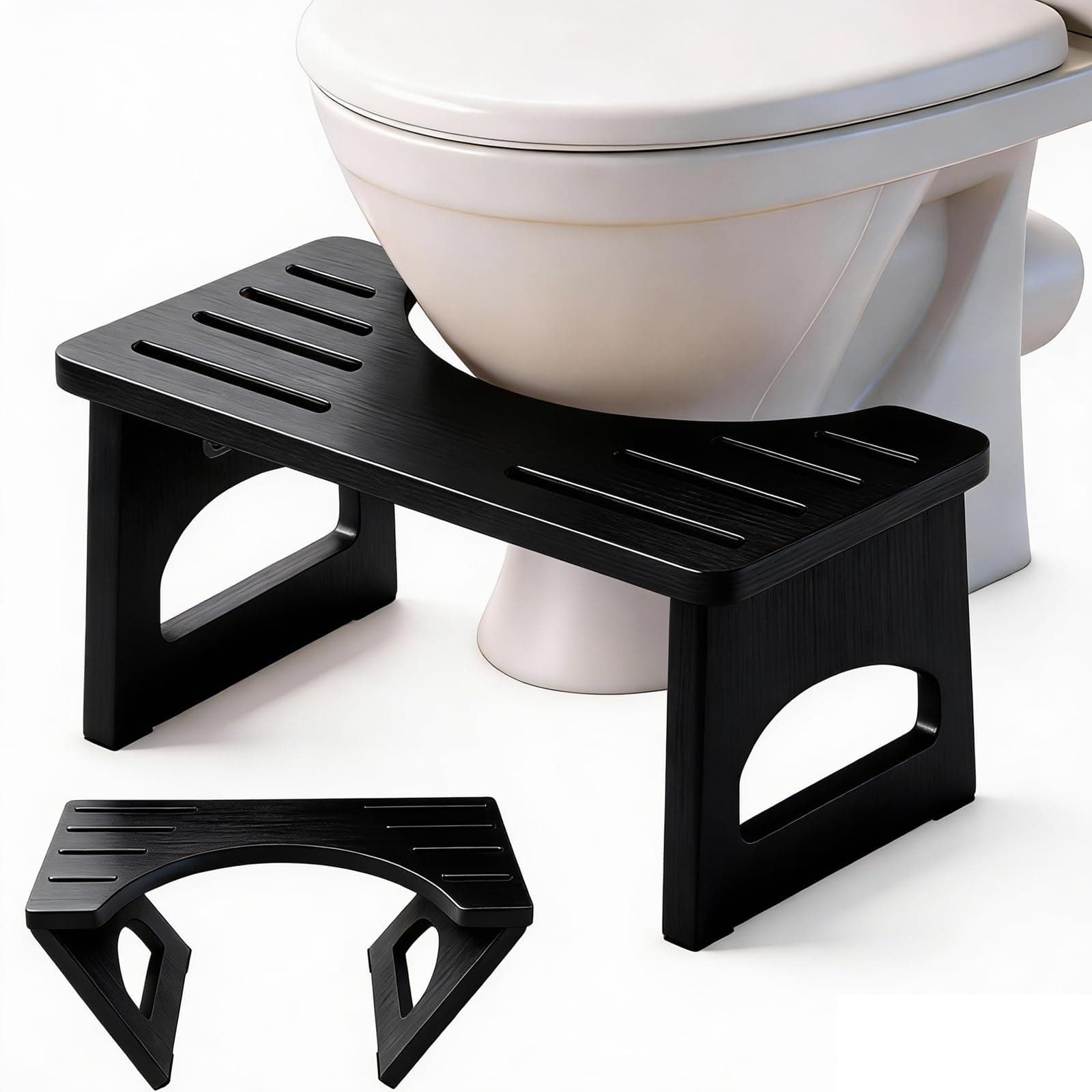 Foldable Toilet Stool, 7 Inch Poop Stool for Bathroom, Bamboo Toilet Stool Squat Adult, Collapsible Squatting Potty Stool with Non-Slip Strip - Improve Squatting Posture and Comfort, Black