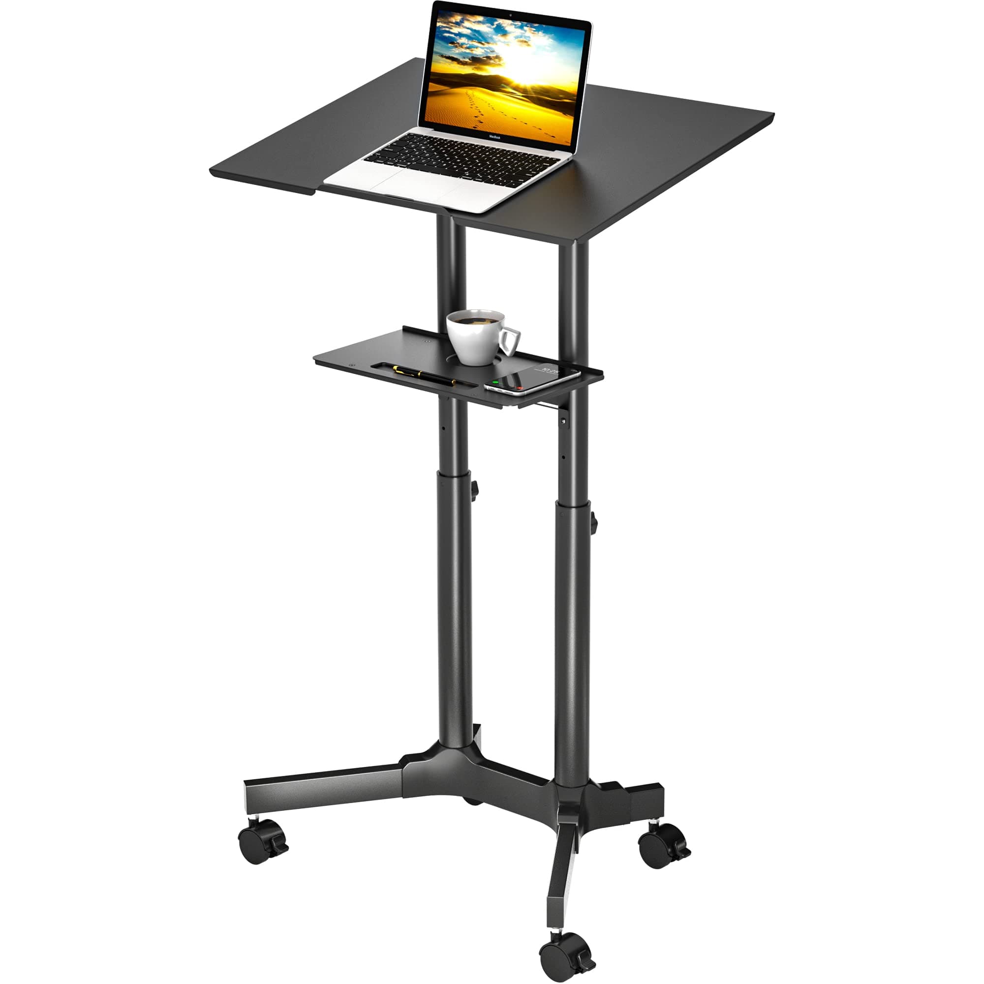 – Adjustable Mobile Laptop Desk, Rolling Stand-Up Desk with Wheels, 60x40 cm Height Adjustable, Portable Podium, Ergonomic Tilted Top Platform, Mobile Workstation for Home Office