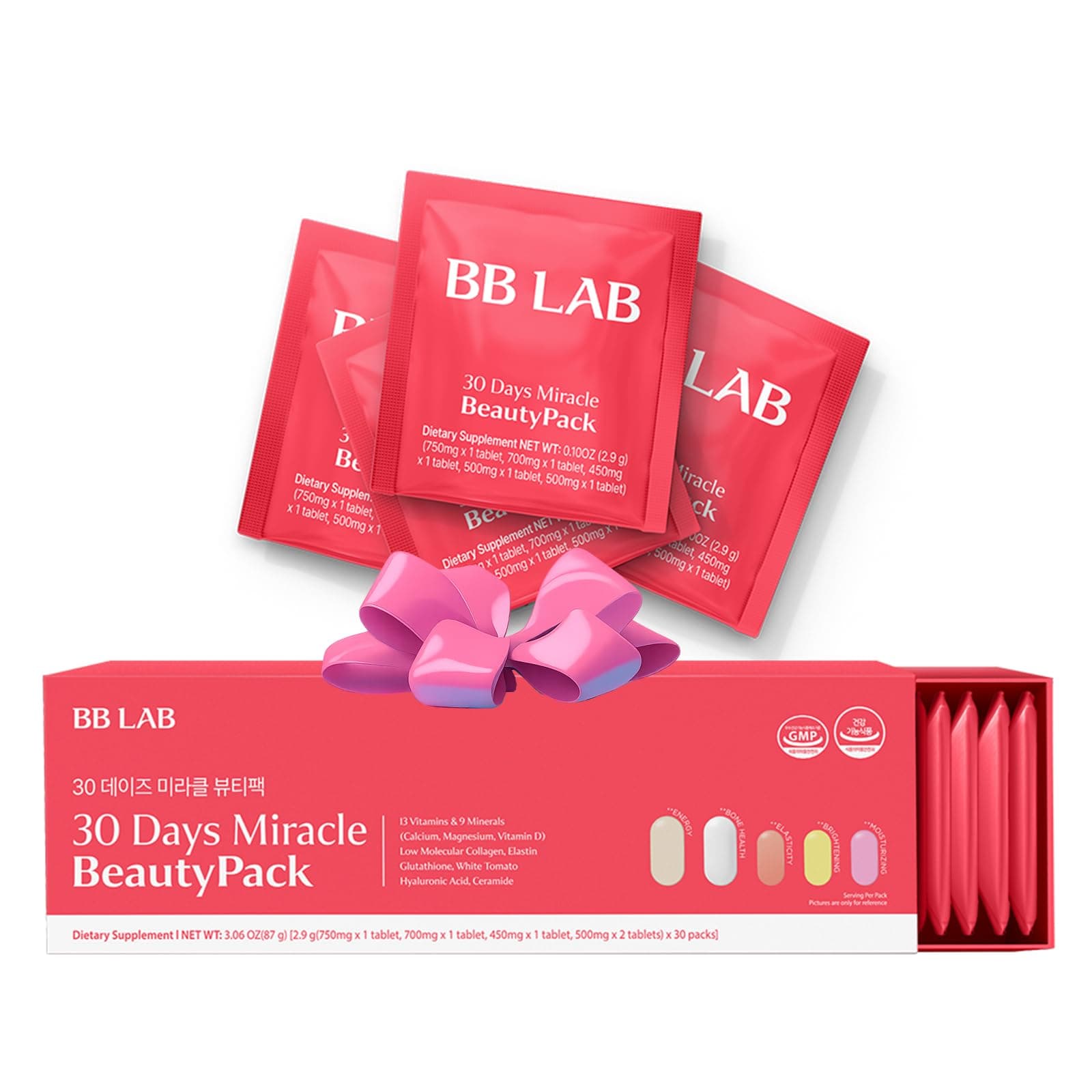 BB LAB 30 Days Miracle Beauty All-in-one Pack, Low Molecular Collagen, Elastin, Glutathione, Ceramide, Hyaluronic Acid, Multivitamins & Minerals, Calcium, Magnesium, Vitamin D