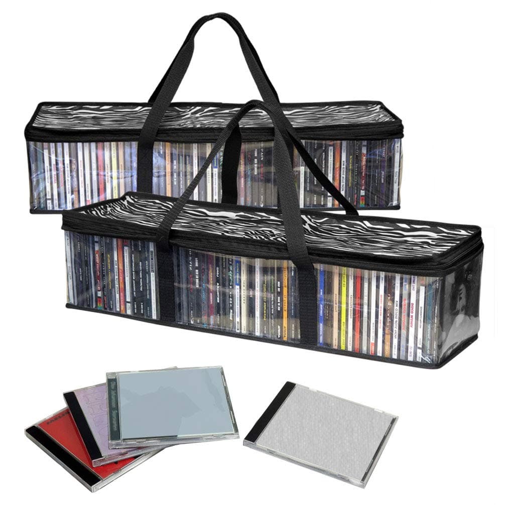 Evelots CD Storage Bags (2 Pack) - Clear PVC Plastic Media Carrying Case with Zipper Holds 96 CDs Total - Protects CDs, Video Games, Music from Dirt & Moisture - Zebra Print