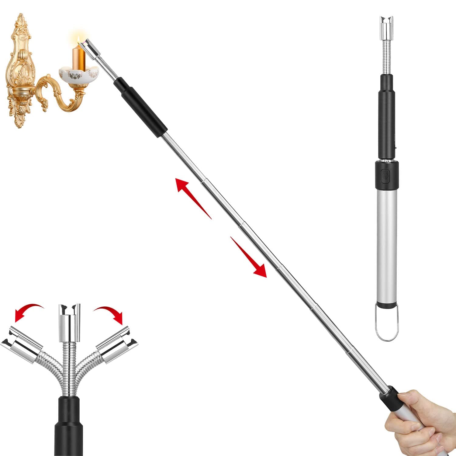 Electric Arc Lighter, Retractable Cool Lighter with 11.4in-27.55in Extra Long Neck, Rechargeable for Candles, Kitchen, Fireplaces, Fire Pits (Silver)