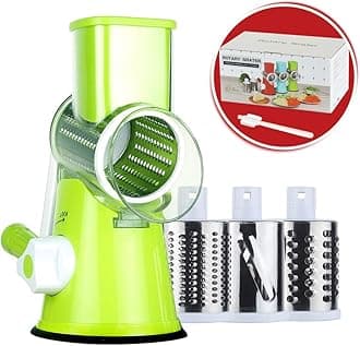 Cambom Rotary Cheese Grater Hand Crank Cheese Shredder for Fresh Cheese, Vegetable, Nuts,Non-slip Suction Base, Free Cleaning Brush Three Blades, Green
