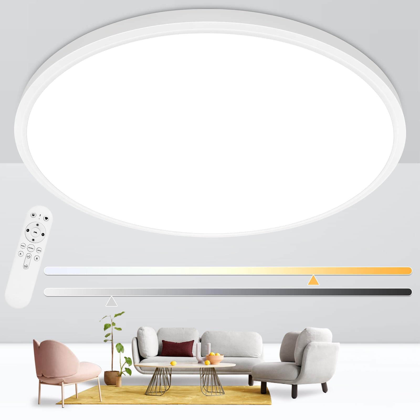 24 Inch Led Flush Mount Ceiling Light Fixture, Ultra Thin, Dimmable with Remote Control, 56W, 5600 Lumen, Modern, Round, White, for Kitchen, Dining Room, Bedroom, Living Room, Home Office