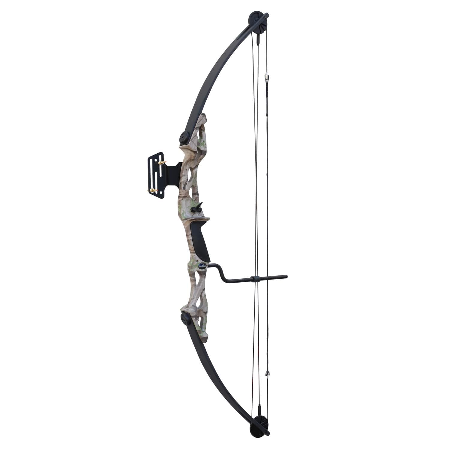 Hellbow Compound Bow with Pulley and 55 LBS of potency, camo color, for the right-handed, it has a 2 pins viewfinder