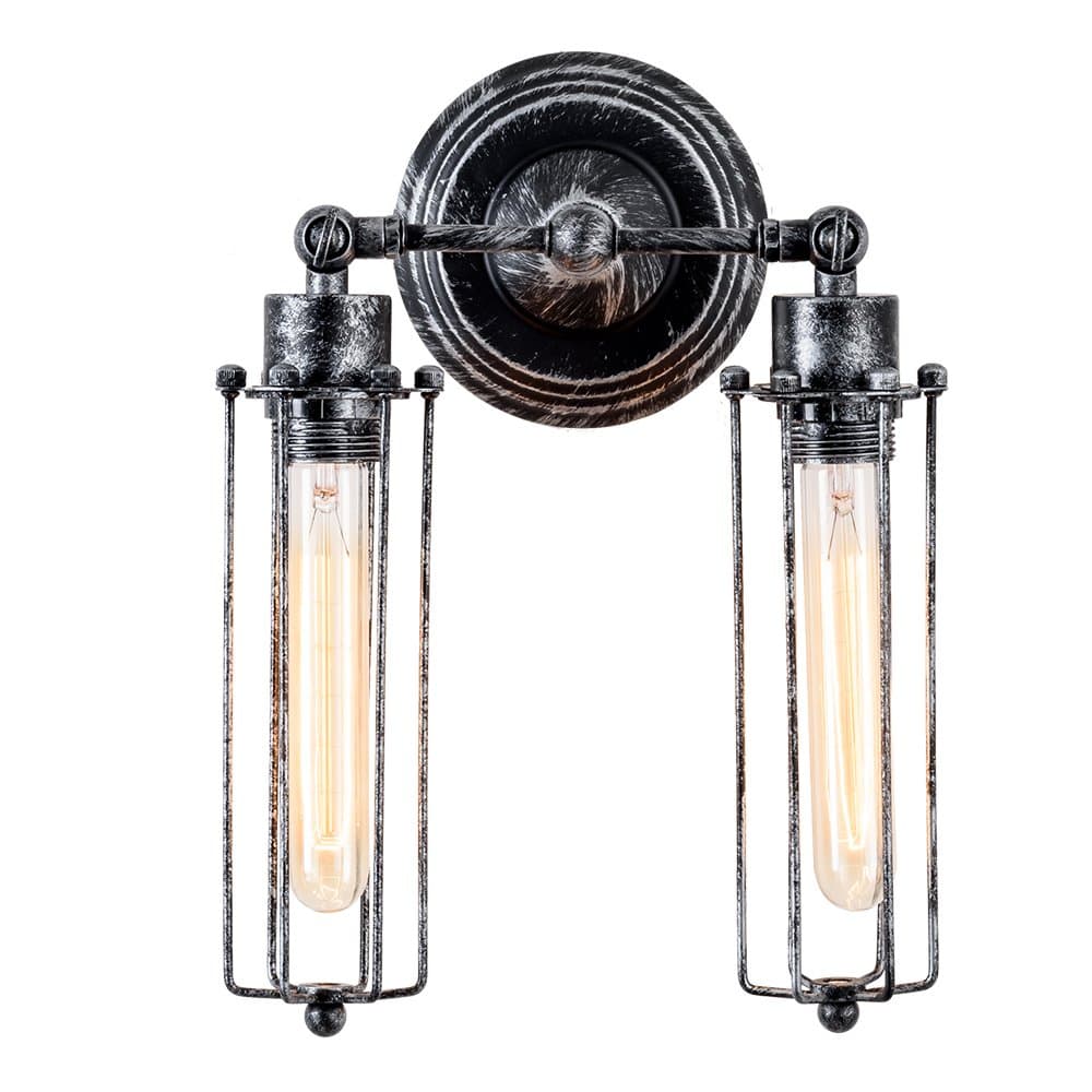 Vintage Wall Lamp Adjustable Industrial Rustic Wall Sconce Wire Cage Wall Light Retro Style Indoor Lighting Fixture ;Moonkist (with 2 Light) (Silver)
