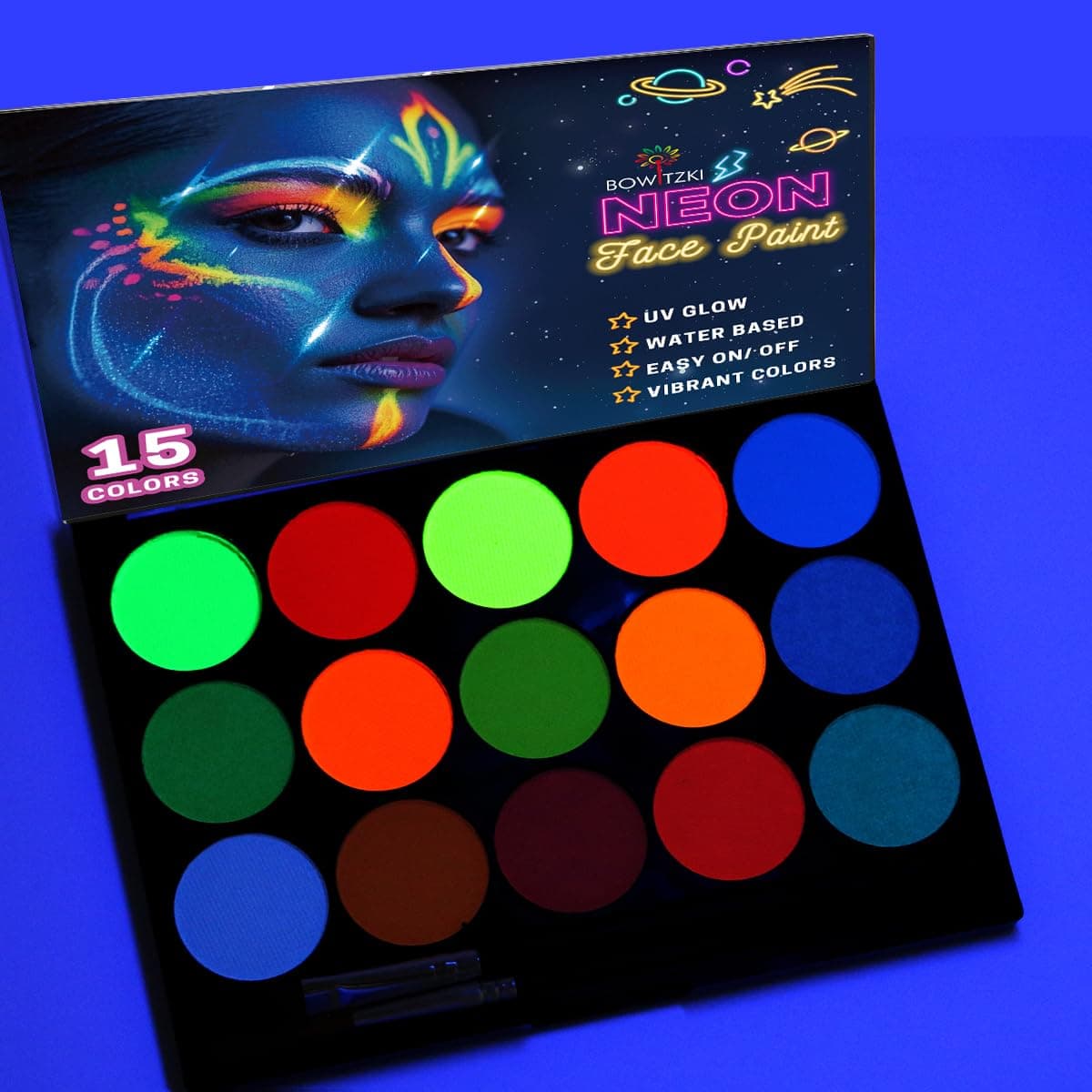 Bowitzki UV Face Paint Kit,15 Colors Water Based Non Toxic UV Neon Face Paint,Professional Neon Fluorescent Body Face Paint Makeup For Party,Halloween,Carnival,Festival