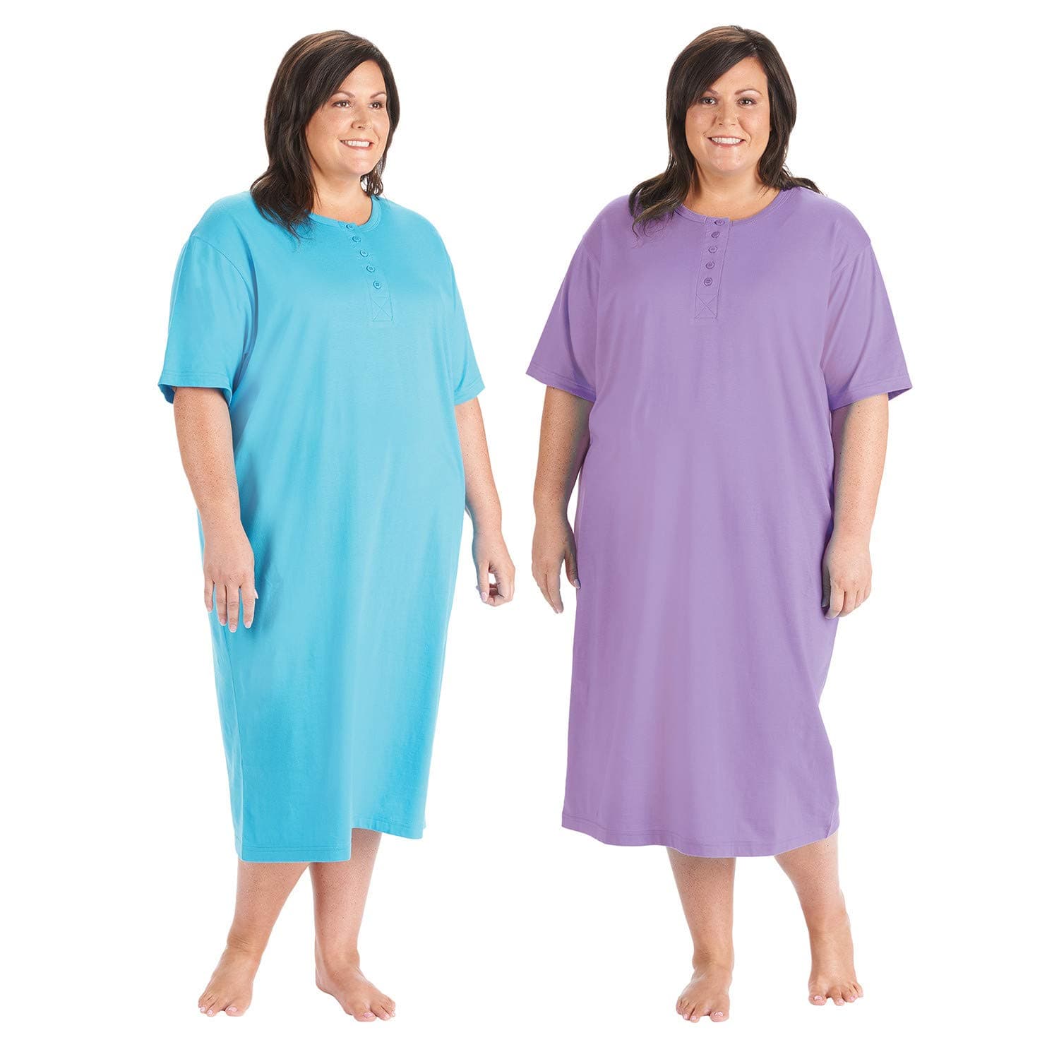 CATALOG CLASSICS Women's 2-Pack Long Henley Nightshirts - Set of 2 Pajama Sleep Shirt Loungers, Purple/Turquoise, Plus (Size 20-28), 48" L