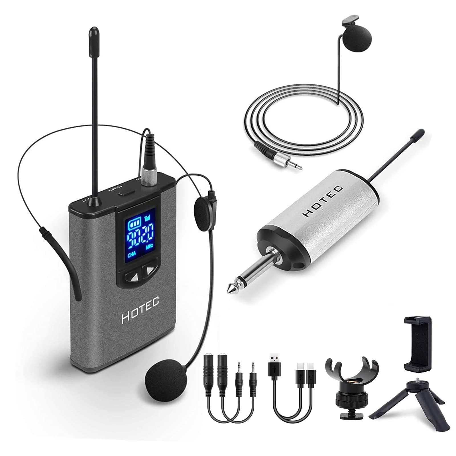 UHF Wireless Headset Microphone/Lavalier Lapel Mic with Bodypack Transmitter and Mini Rechargeable Receiver 1/4" Output for Live Performances Support Phone
