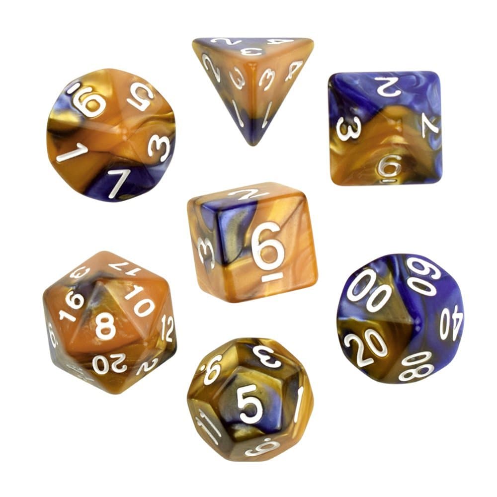 Golden Blue Gemini Glowing Polyhedral 7-Die RPG Dice Set Galaxy Dnd Dice Set D20 D12 D10 D8 D6 D4 for Dungeons and Dragons wit Pouch