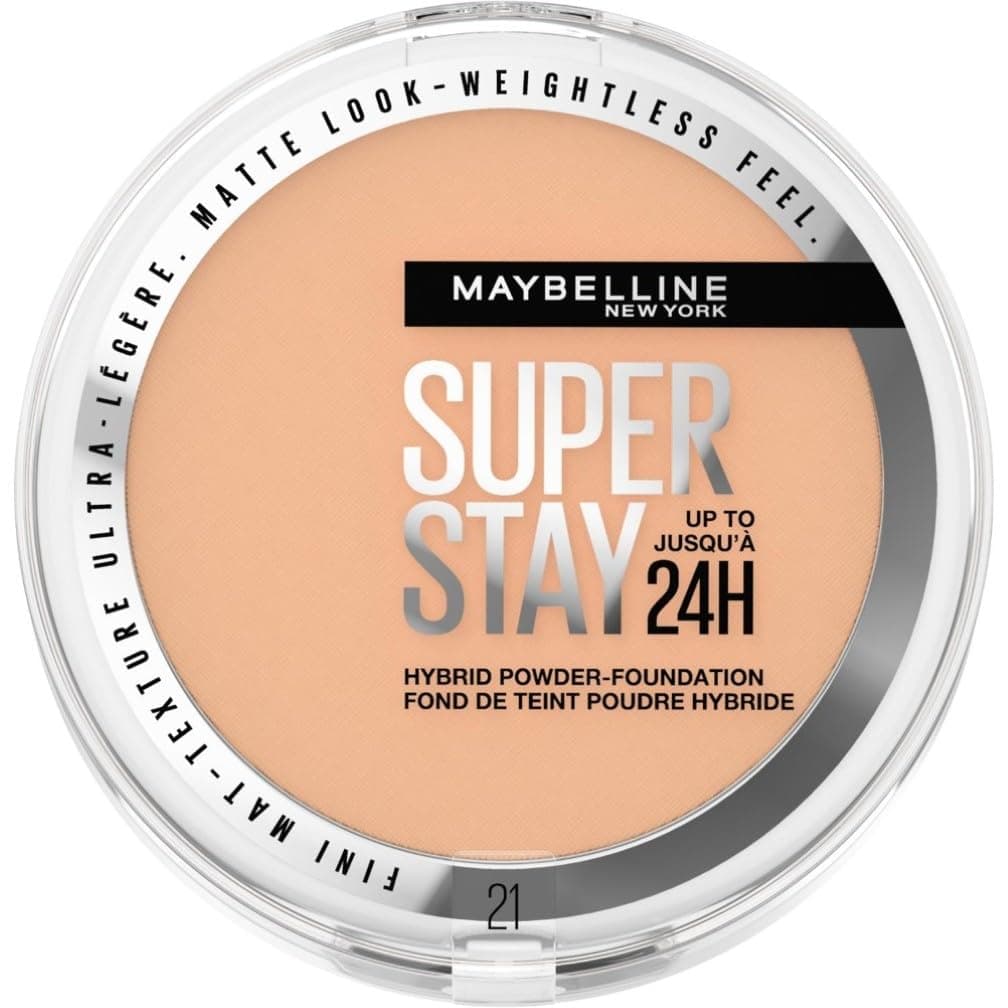 Maybelline Powder Foundation, Long-lasting 24H Wear, Medium to Full Coverage, Transfer, Water & Sweat Resistant, SuperStay 24H Hybrid Powder Foundation, 21