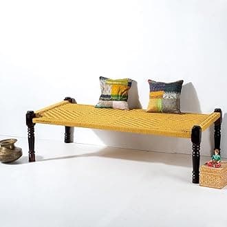 Solid Sheesham Wood Handmade Rajasthani Charpai | Cotton Rope Khatiya Charpai Single Bed Without Storage | Wooden Cot Bed | Khatiya-Khaat | 6x3 Feet | Yellow