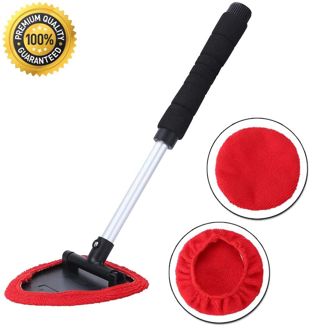 Aebitsry Windshield Cleaner Tool,Car Window Windshields Washing Brush, Wonder Cleaning Inside Interior Auto Glass Wiper Kit with Extendable Handle, 2PCS Washable and Reusable Pads (Red)