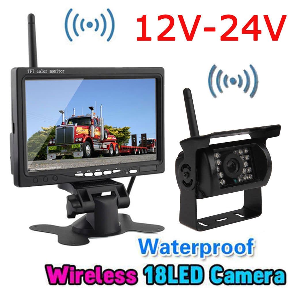 12V-24V Wireless 18 IR LEDs Night Vision Waterproof Reverse Backup Rear View Camera System + 7" HD TFT LCD Color Rear View Monitor for Bus Truck Trailer