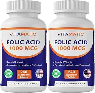 Vitamatic Folic Acid 1000 mcg (1 mg) – 240 Vegetarian Tablets (Pack of 2) 1667 mcg DFE – Vitamin B9 for Prenatal, Heart & Cellular Health