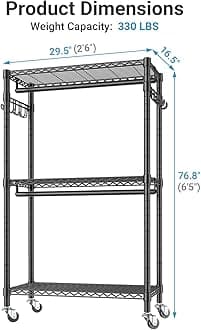 VIPEK V12 Mini Rolling Clothes Rack Heavy Duty Clothing Rack for Hanging Clothes Adjustable Metal Wire Shelving Portable Closet with Wheels Side Hooks, Freestanding Closet Wardrobe, Black