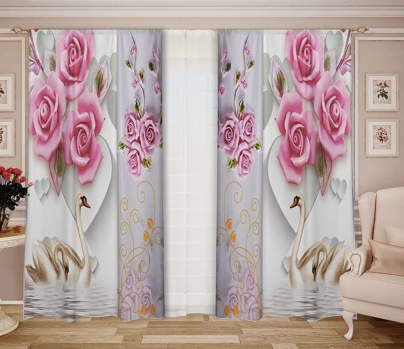 LHD HUB 3D Rose Digital Printed Polyester Fabric Curtains for Bed Room, Living Room Kids Room Color Pink Window/Door/Long Door (D.N.69) (4 x 9 Feet (Size: 48 x 108 Inch) Long Door, 2)