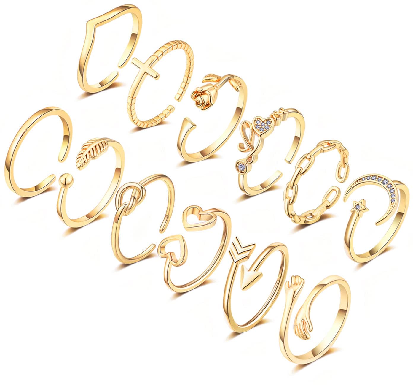 12PCS Adjustable Knuckle Rings for Women 14K Gold Plated Silver Simple Stacking Rings Pack Open Knot Star Moon Butterfly Dainty Thumb Ring Set for Women