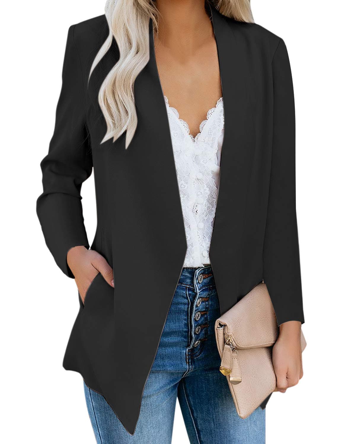 luvamiaWomen's Open Front Pocket Long Sleeve Work Office Blazer Jacket O Black Size Large (Fits US 12-14)