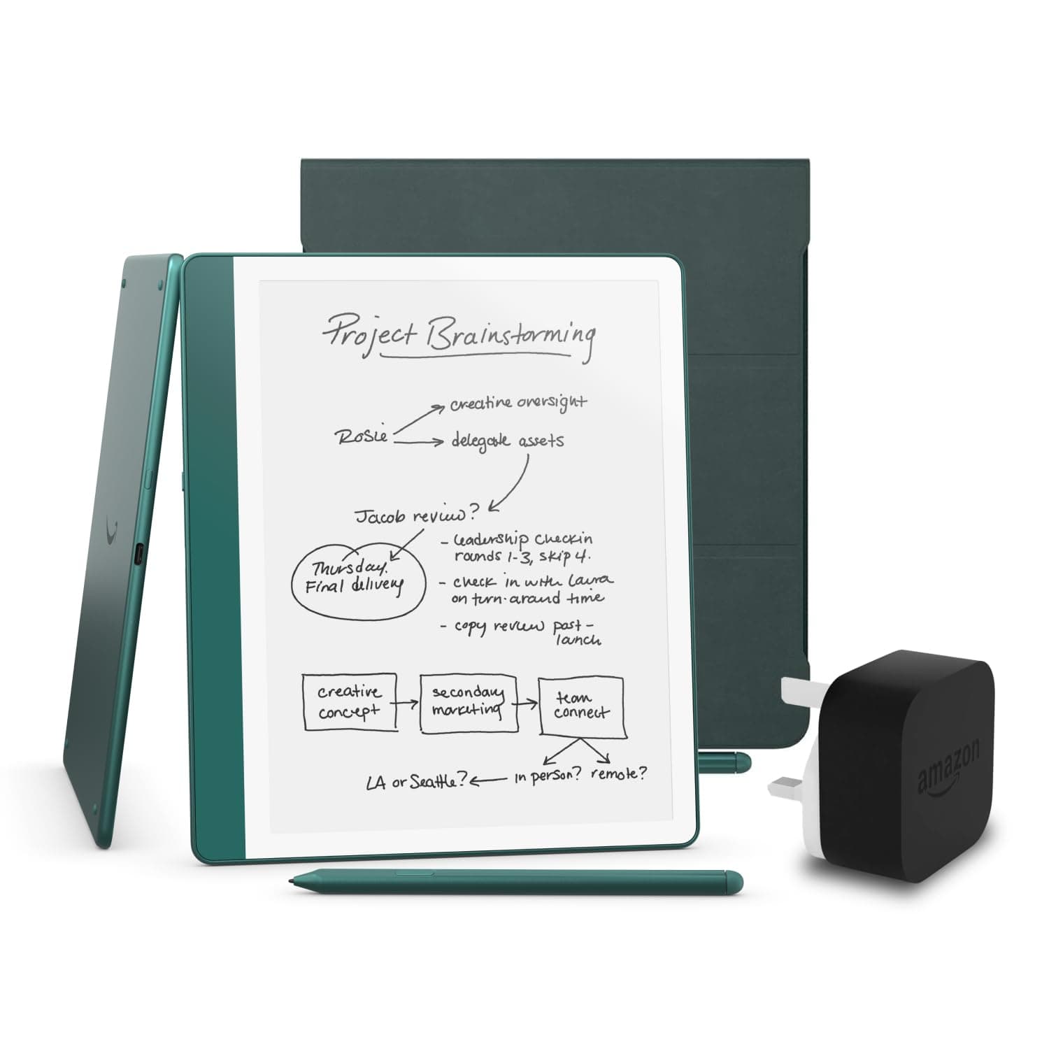 Kindle Scribe (2024 Release) 64 GB, an Amazon Premium Leather Cover and an Amazon Powerfast 9W Power Adapter