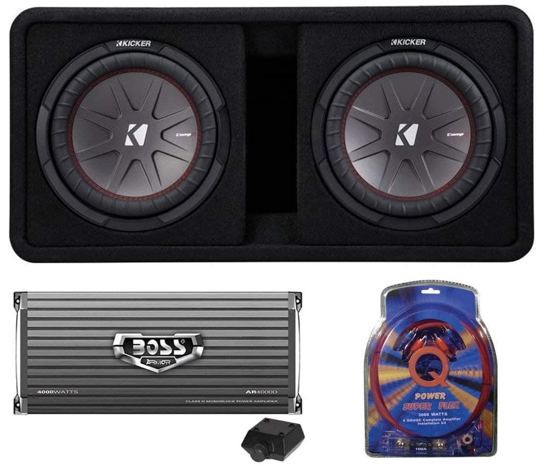 KICKER 43DCWR122 CompR 12" 2000 Watt 2-Ohm Vented Dual Loaded Car Subwoofer Enclosure and 4000 Watt Mono Class D Amplifier with 4 Gauge Amp Wiring Kit