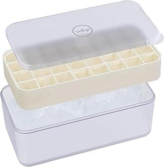 W&P Ice Box Silicone Ice Cube Tray with Lid & Bin, Holds 96 Cubes, Easy Release, Space-Saving Stackable Design, Dishwasher Safe, Cream, Large