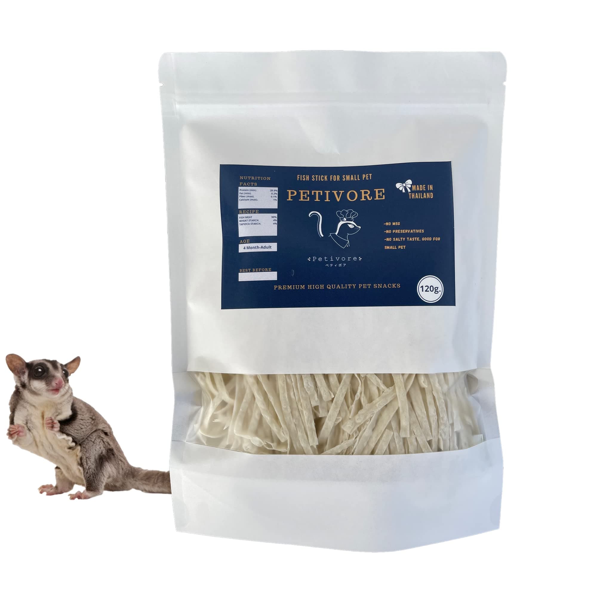 Premium Large Pack Fish Stick for Sugar Glider - Made with Real Fish - Hamster, Squirrel, Chinchillas, Marmoset, Small Exotic Animal Pet Treats, Snacks and Food (120g)