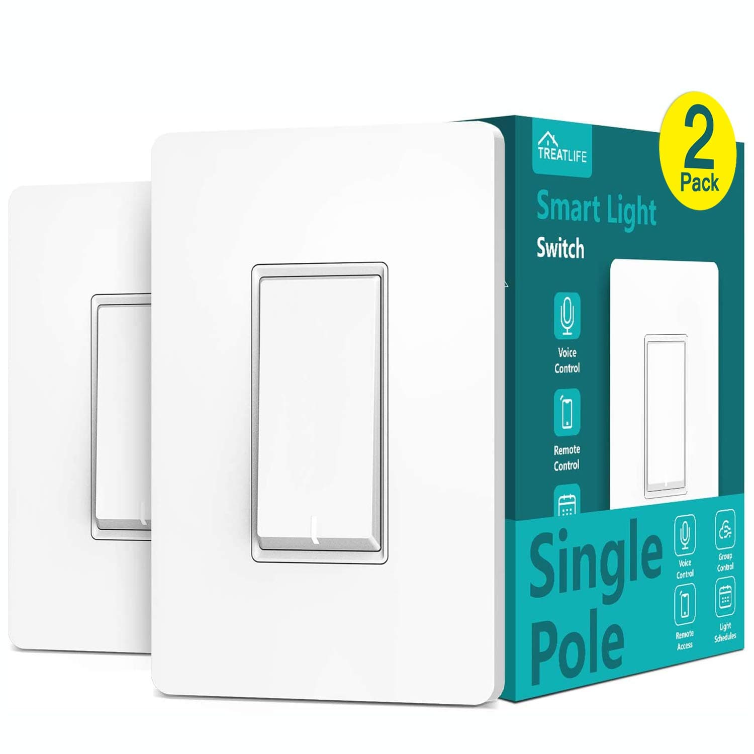 Single Pole Treatlife Smart Light Switch, Neutral Wire Required, 2.4Ghz Wi-Fi Light Switch, Works with Alexa and Google Assistant, Schedule, Remote Control, ETL Listed, FCC, 2 Pack