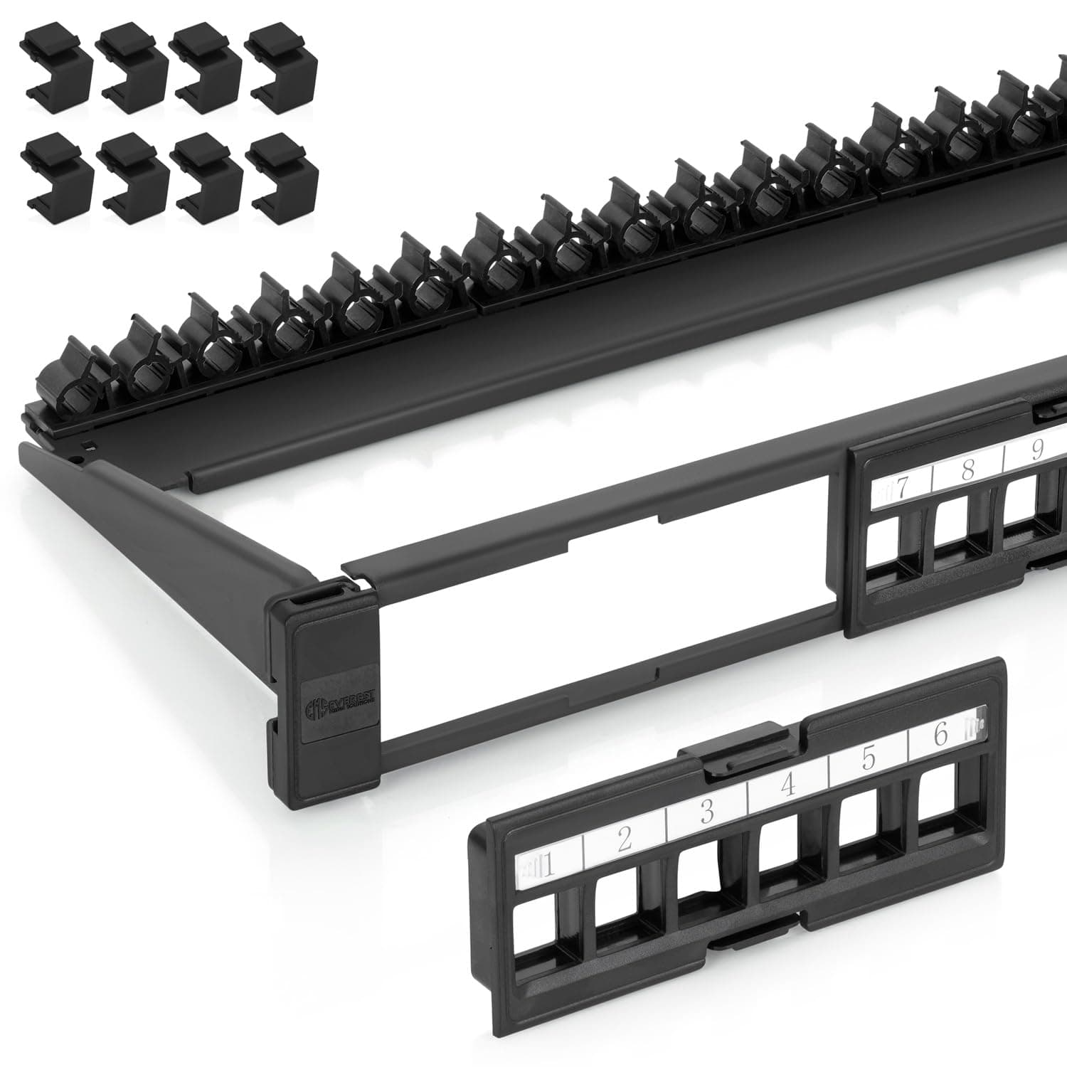 Everest 24 Port Keystone Patch Panel (1-Pack) - Removable 6-Port Panels - Use with Slim Profile Keystones ONLY (Wider Jacks May not fit Side by Side) - 8 Blank Keystone Jack Inserts Included