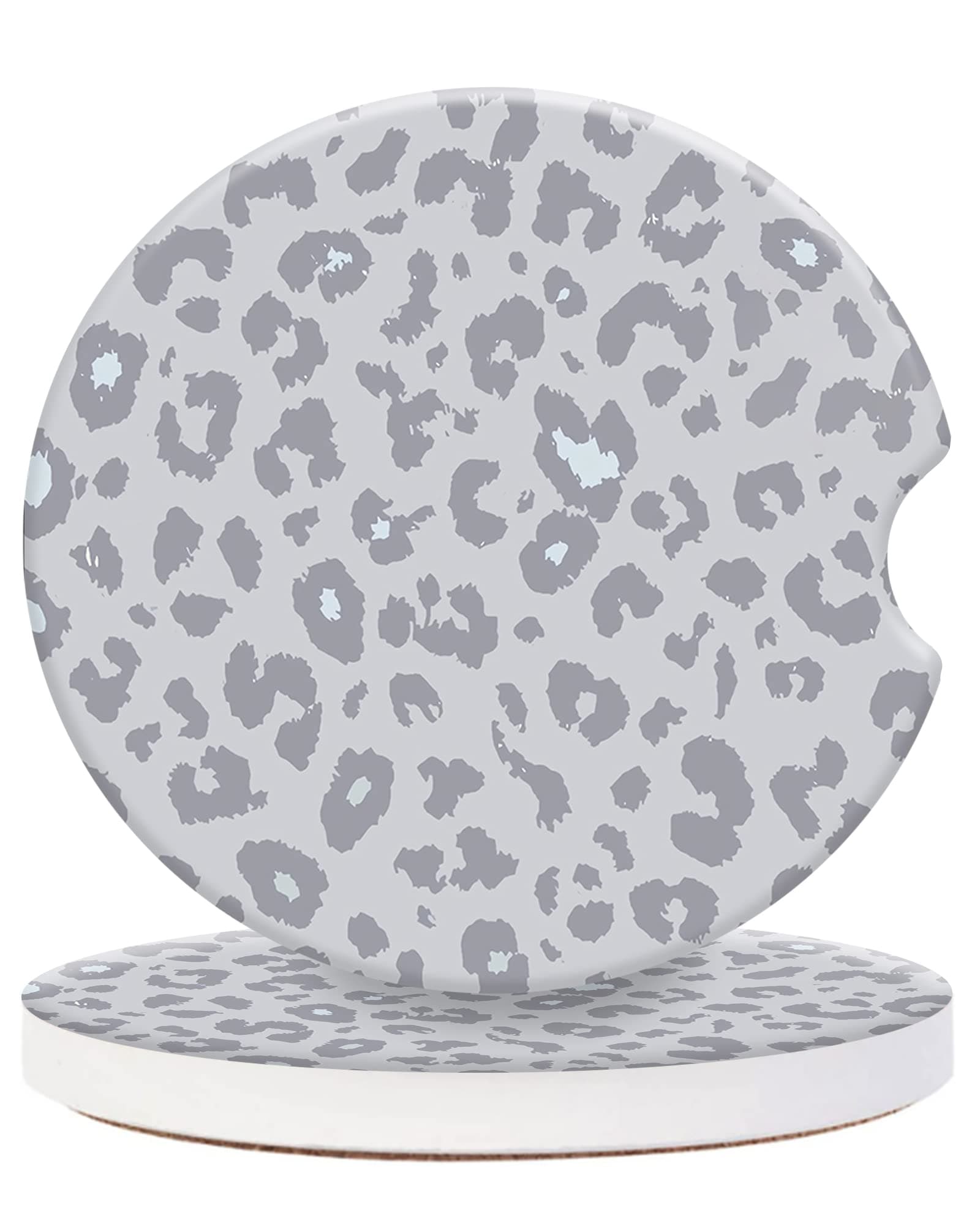 2 Pack Leopard Ceramic Car Coasters 2.56 Inch,Absorbent Car Cup Holder Coaster for Women,Cool Animal Skin Auto Accessories with Finger Notch - Gray Leopard