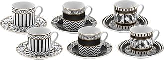 KARACA Helenistik 12-Piece Turkish Coffee Cup Set for 6 People, 80ml, Small Espresso Cups with Saucers, Porcelain Turkish Coffee Set, Black & White Design