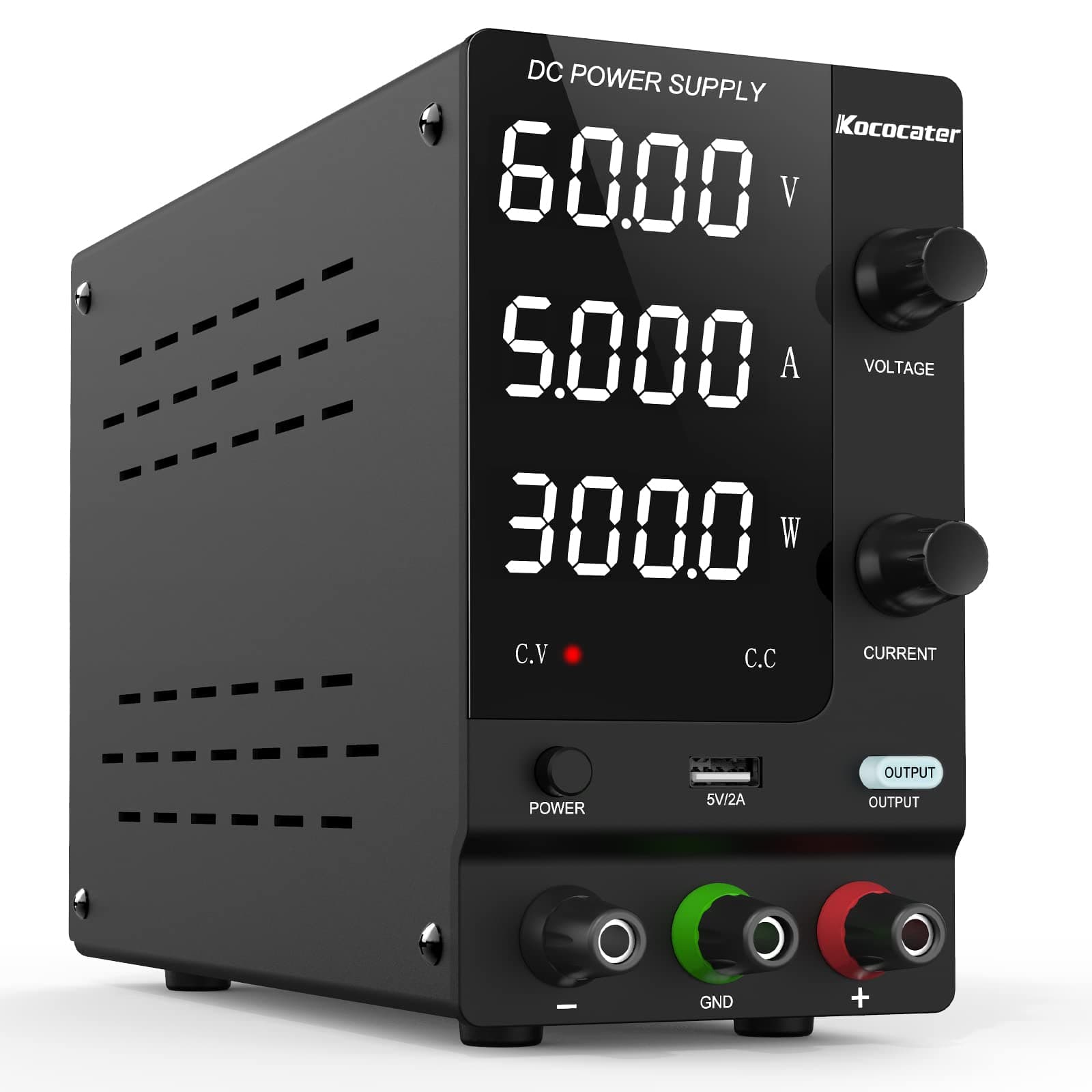 DC Power Supply Variable 60V 5A with Output Switch, Adjustable Regulated Switching Bench Power Supply with 4-Digits LED Power Display, 5V/2A USB Interface, Accurate Encoder Adjustment Knob
