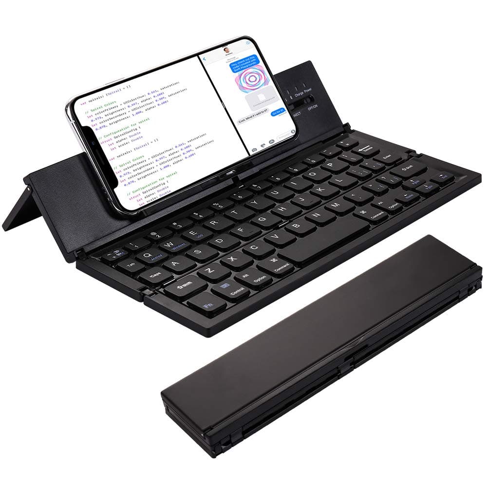 Foldable Bluetooth Keyboard with Phone Tablet Stand Holder for iPhone iPad Android Smartphones Tablets – Portable/Wireless BT/Small Mini Size/Rechargeable/Folding/Silent Quiet Typing (Black)