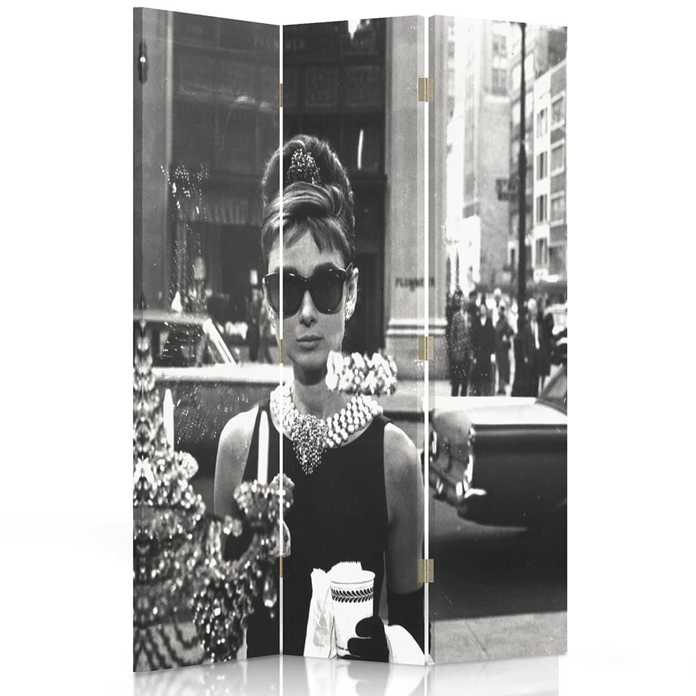 Feeby Frames Canvas Screen, Decorative Room Divider, Paravent, Double sided, 360°, 3 panels (110x150 cm) AUDREY HEPBURN, BREAKFAST AT TIFFANY'S, GLAMOUR, BLACK AND WHITE, JEWELLERY